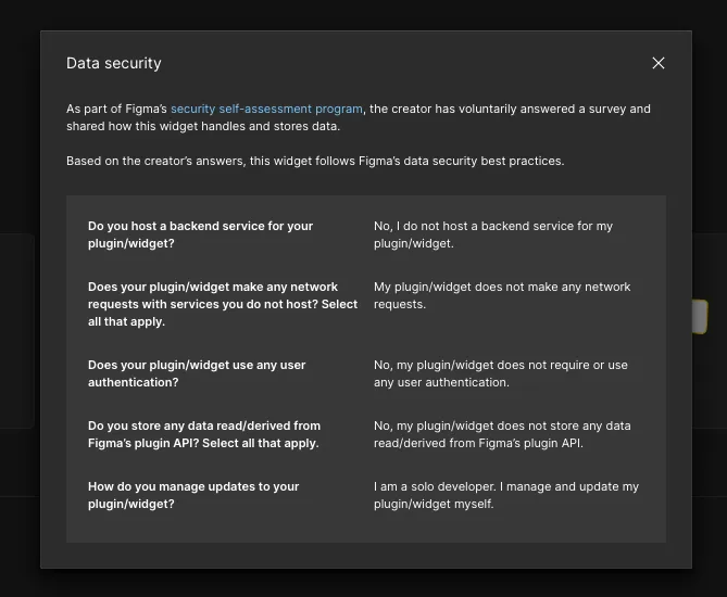 Figma's data security modal for widgets and plugins. Tips on how to secure your data